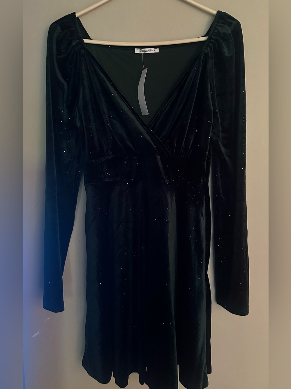 SEXYASASU size M dark GREEN velvet Long-Sleeve Faux Wrap Dress with Sparkle